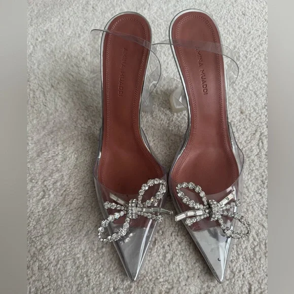 Amina Muaddi Silver Heels with Crystal Bow - Picture 1 of 4